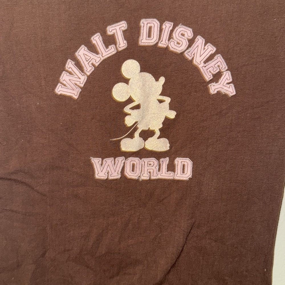 Walt Disney World Brown Short Sleeve Shirt Glitter Mickey Mouse Womens Medium - Picture 2 of 8